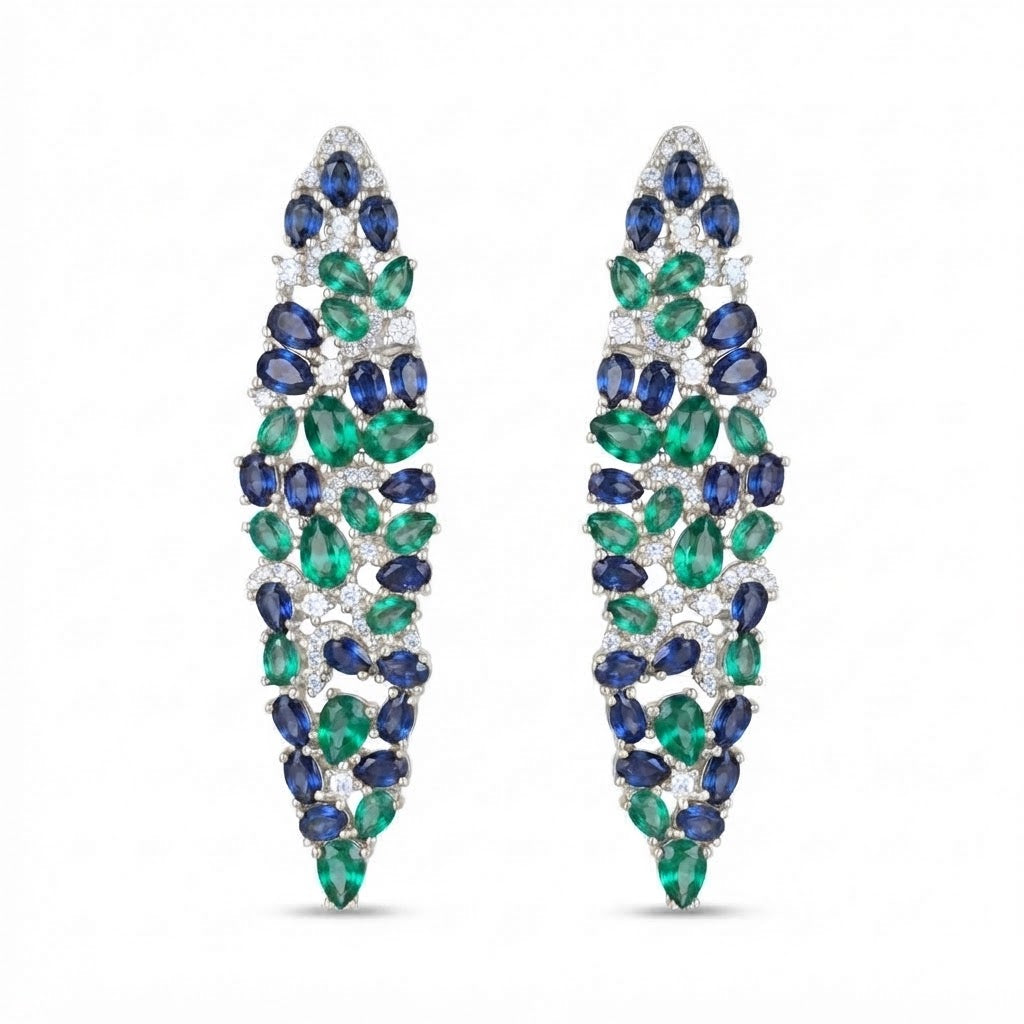 Aretes Plata Hoja Punta Zirconias Zafiro y Esmeralda