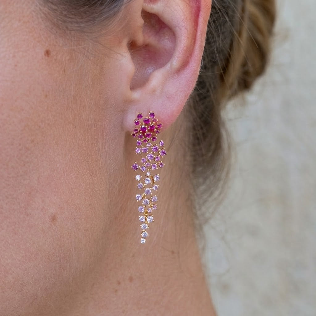 Aretes Dorado Racimo Degrade Multi Rubi Pink