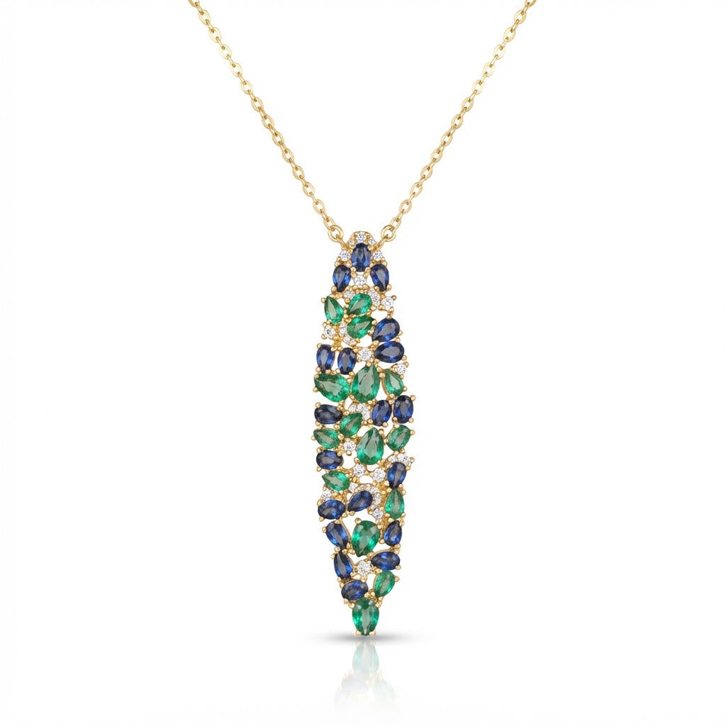 Collar Dorado Hoja Punta Zirconias Zafiro y Esmeralda