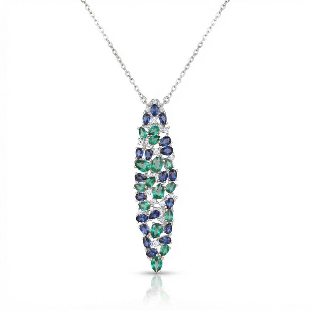 Collar Plata Hoja Punta Zirconias Zafiro y Esmeralda (Copia)