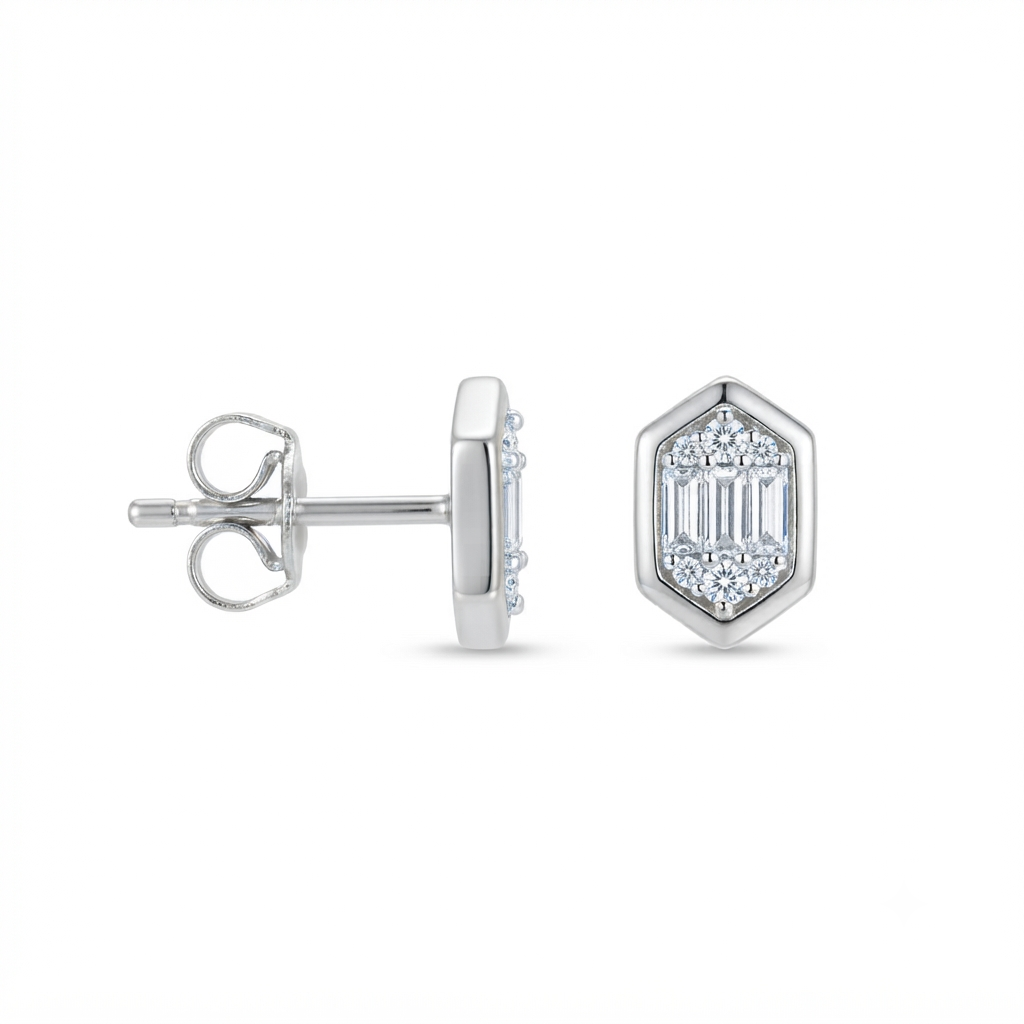 Structured Frame Cushion Baguette Studs - Plata