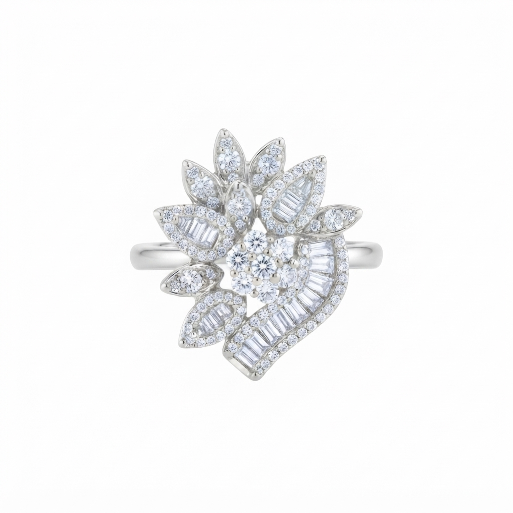 Anillo Tipo Flor Tira Baguettes - Plata