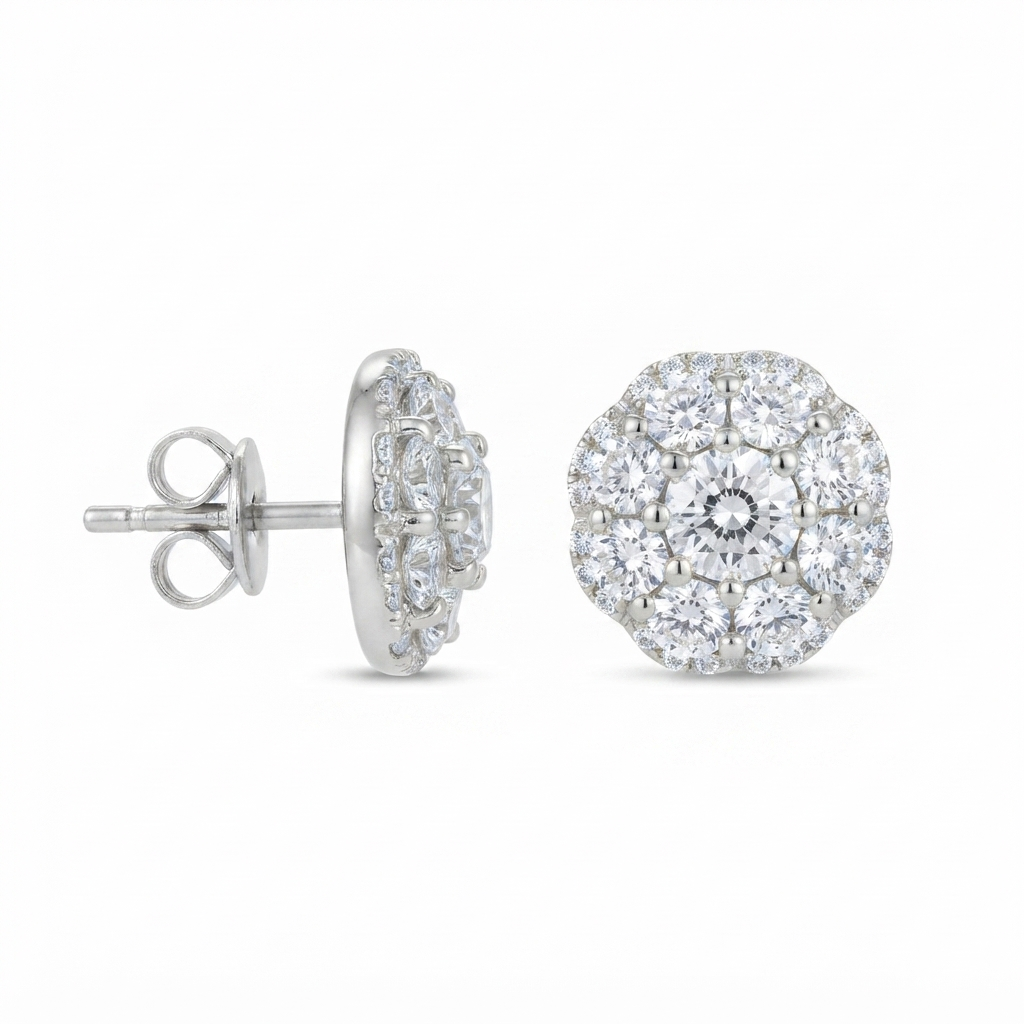 Juego Flor Redondo - Plata / Zirconias