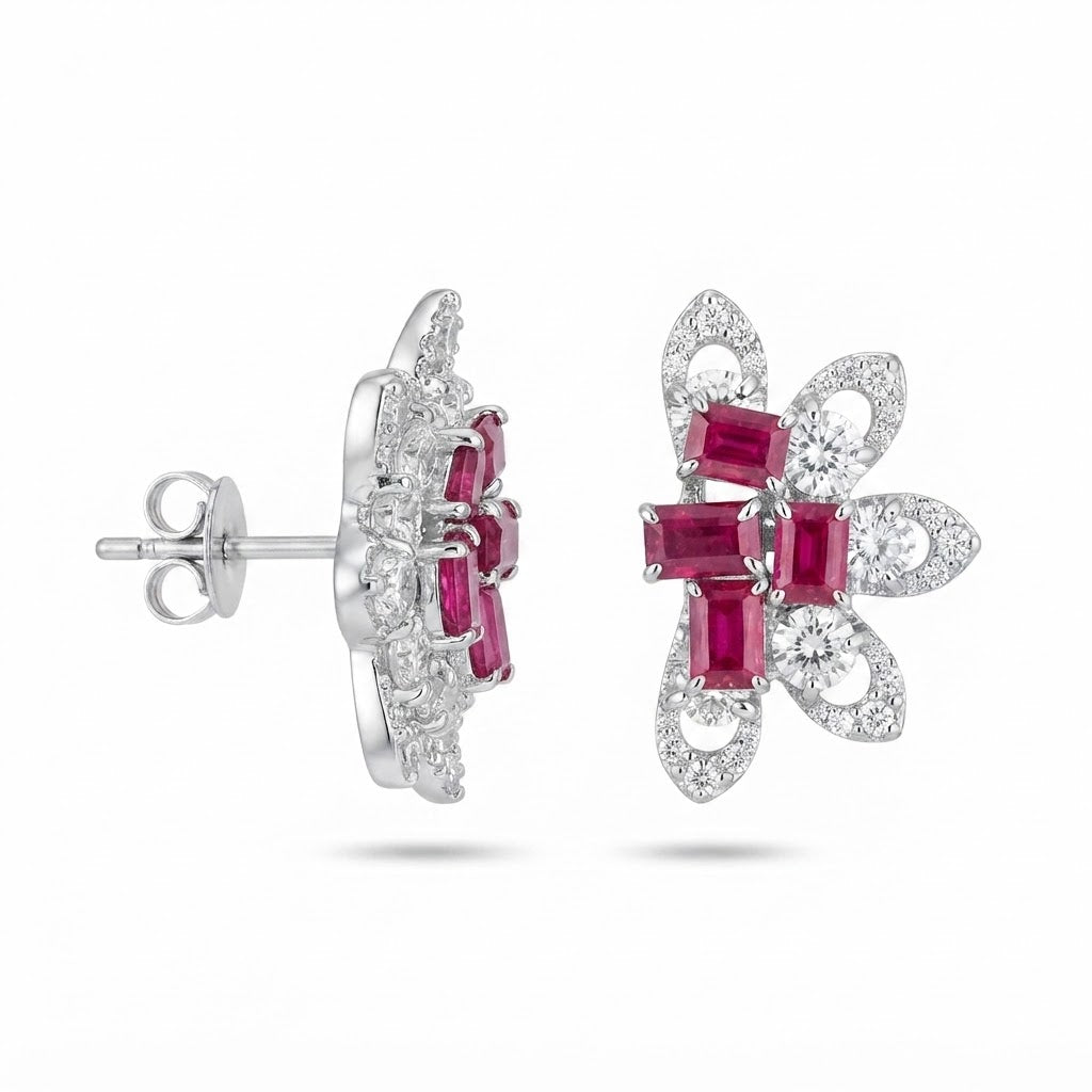 Aretes Plata Media Flor 4 Baguettes - Rubí