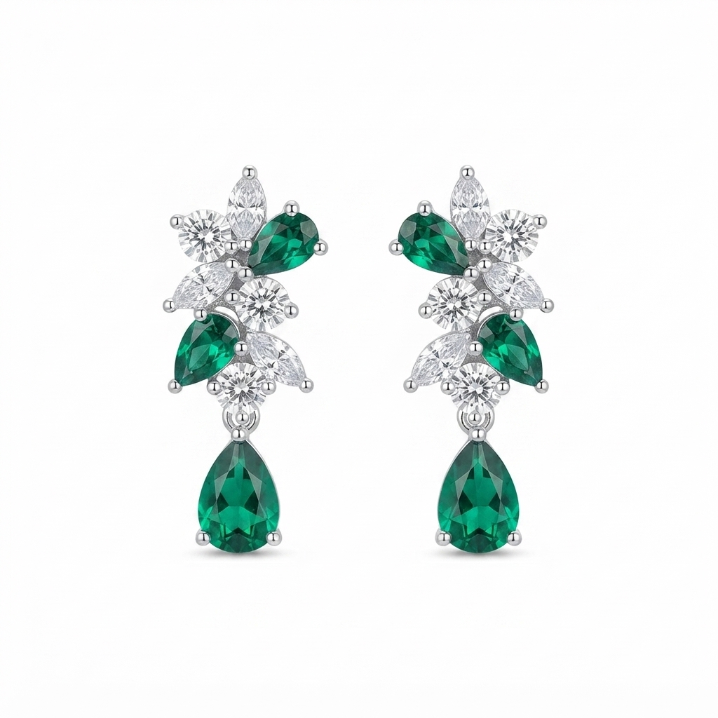 Aretes Plata Hojas Gota Esmeralda Colgante