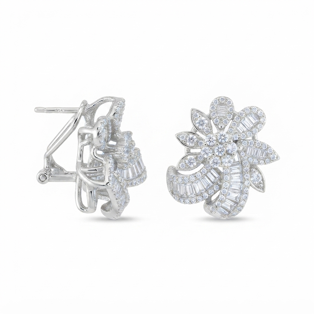 Aretes Tipo Flor Tiras Baguettes - Plata