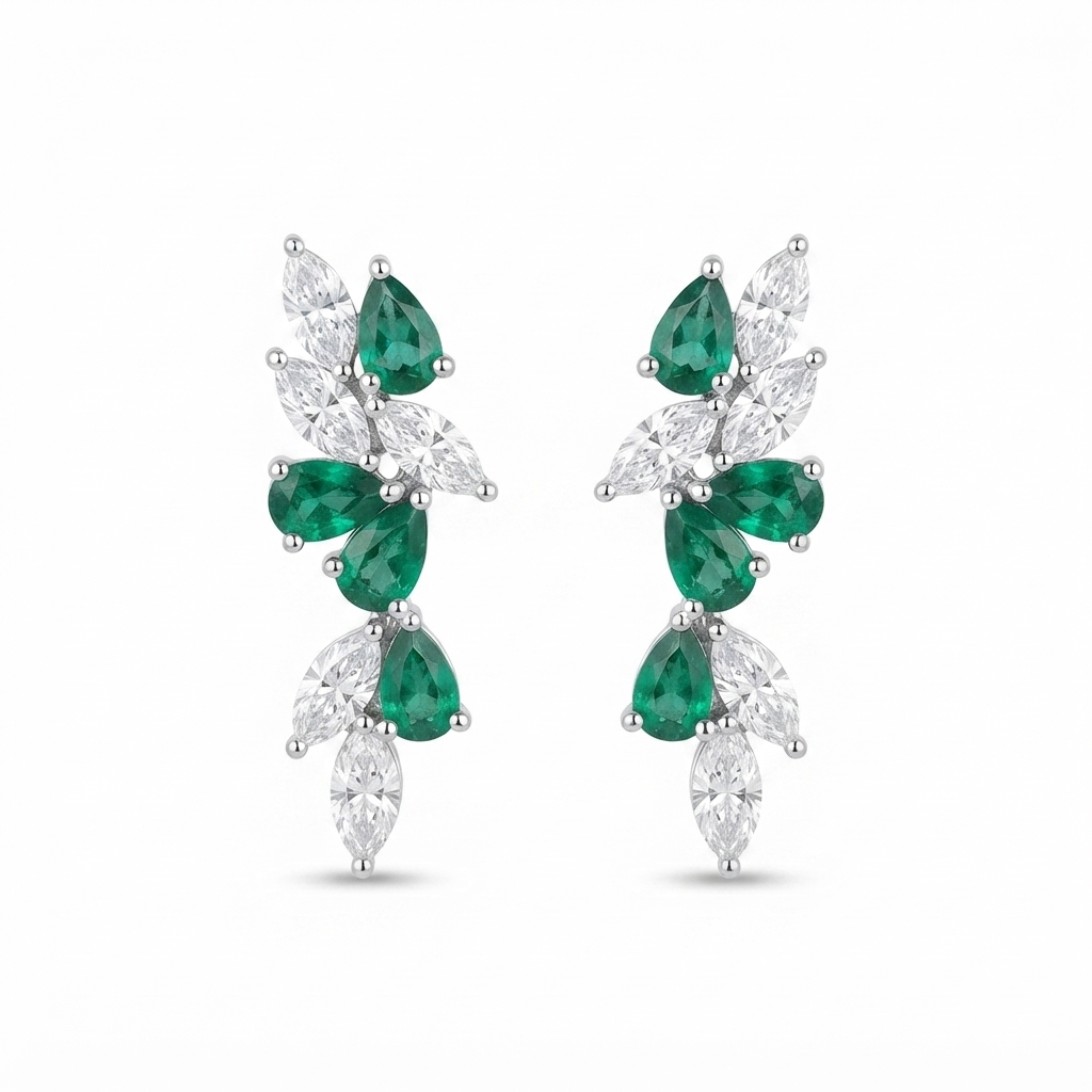 Aretes Plata Tira Hojas Zirconia 4 Gotas Esmeralda