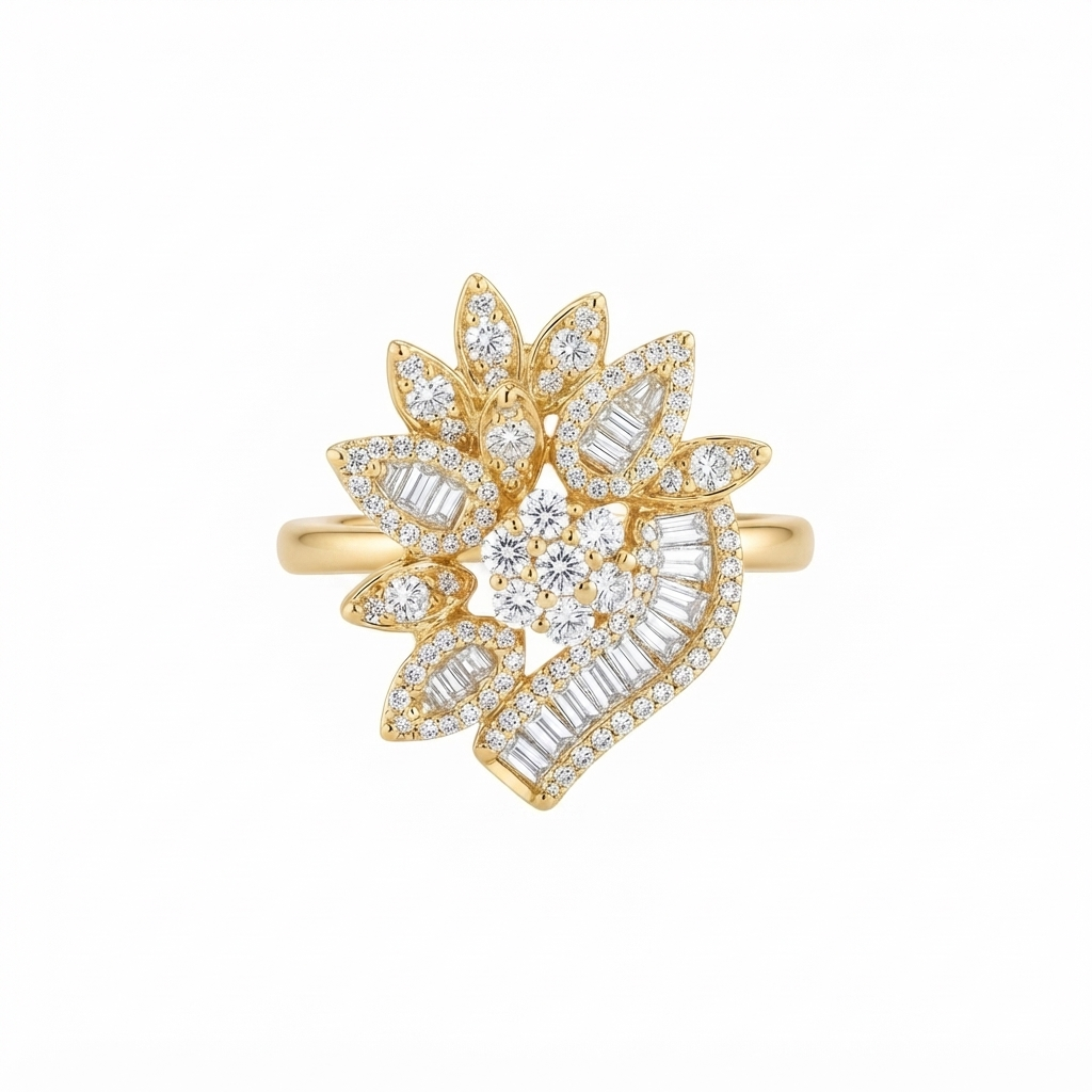 Anillo Tipo Flor Tira Baguettes - Dorado