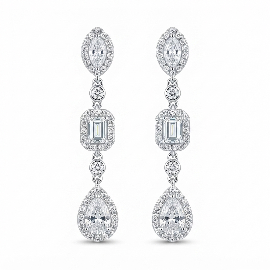 Aretes Plata Largo Ojo, Rectángulo, Gota Zirconia