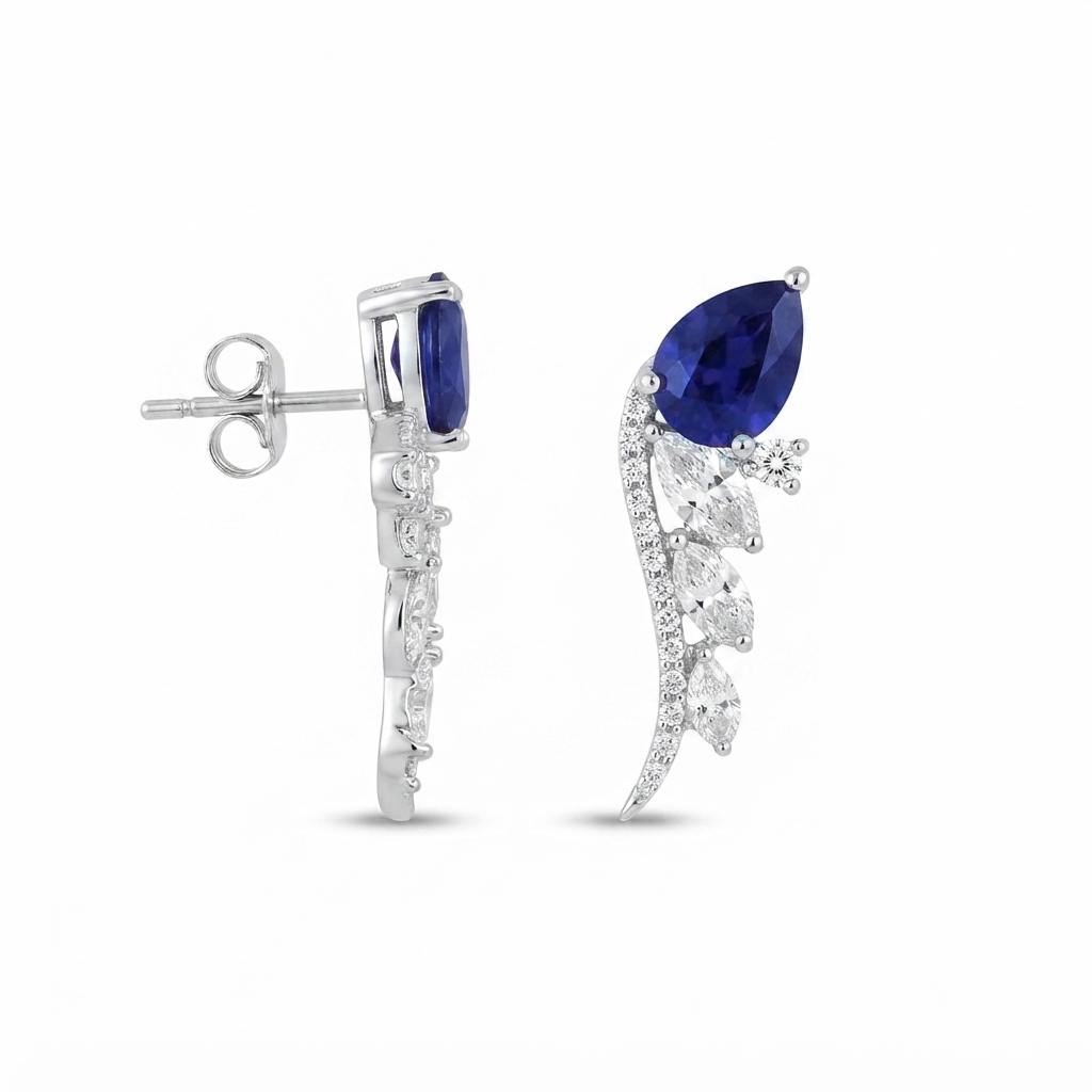 Aretes Ala Zirconias Gota - Plata / Zafiro