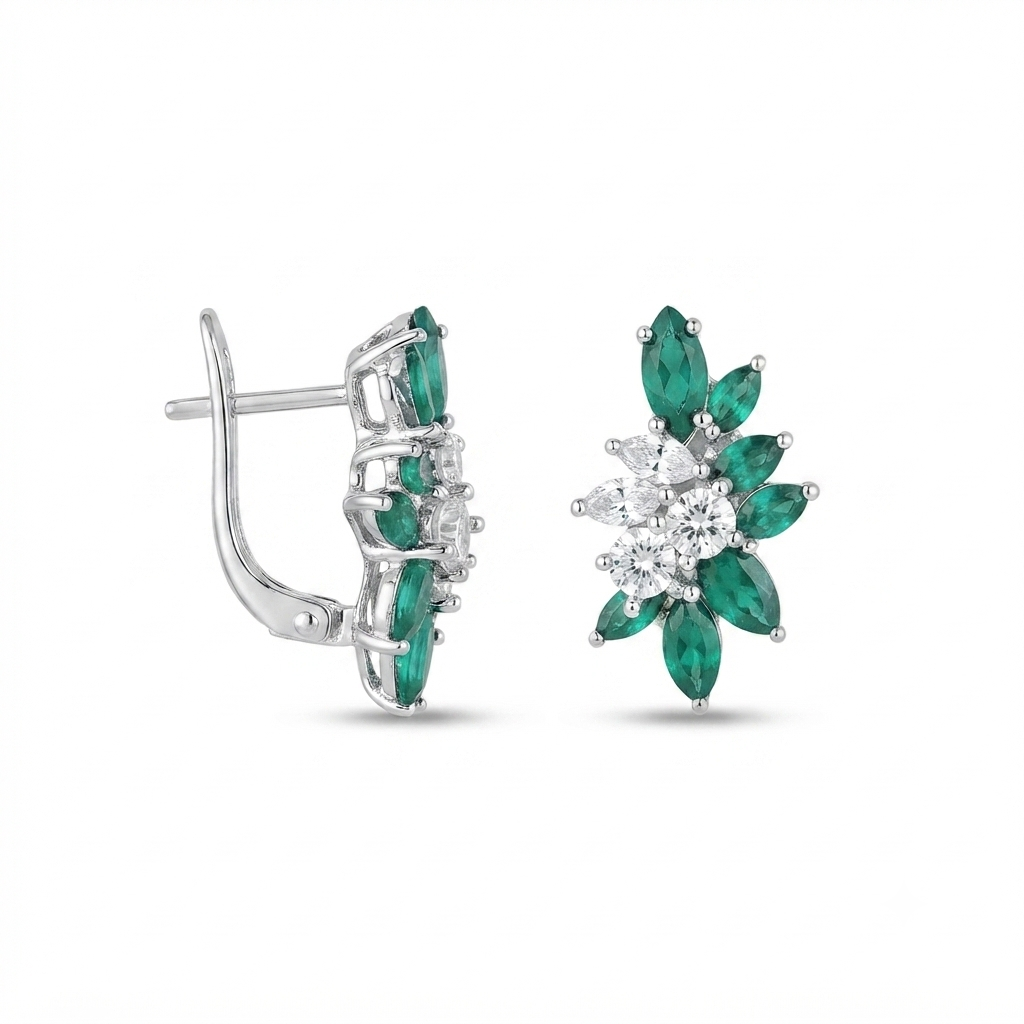 Aretes Plata Media Flor Pétalos Picos - Esmeralda
