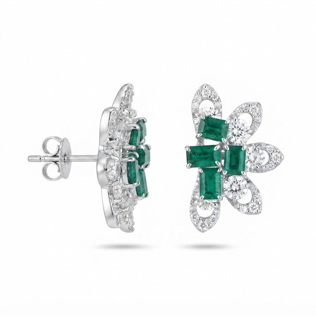 Aretes Plata Media Flor 4 Baguettes - Esmeralda