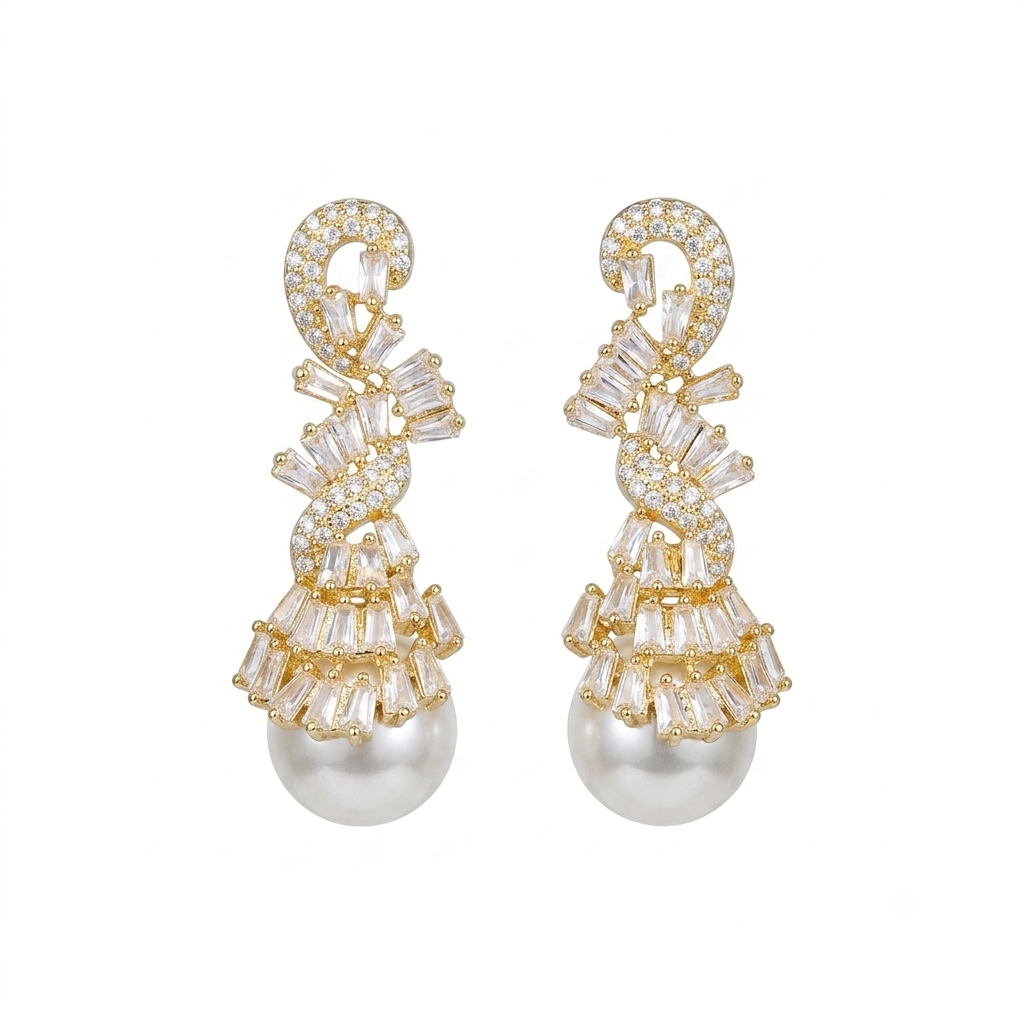 Aretes Baguettes Perla Colgante - Dorado