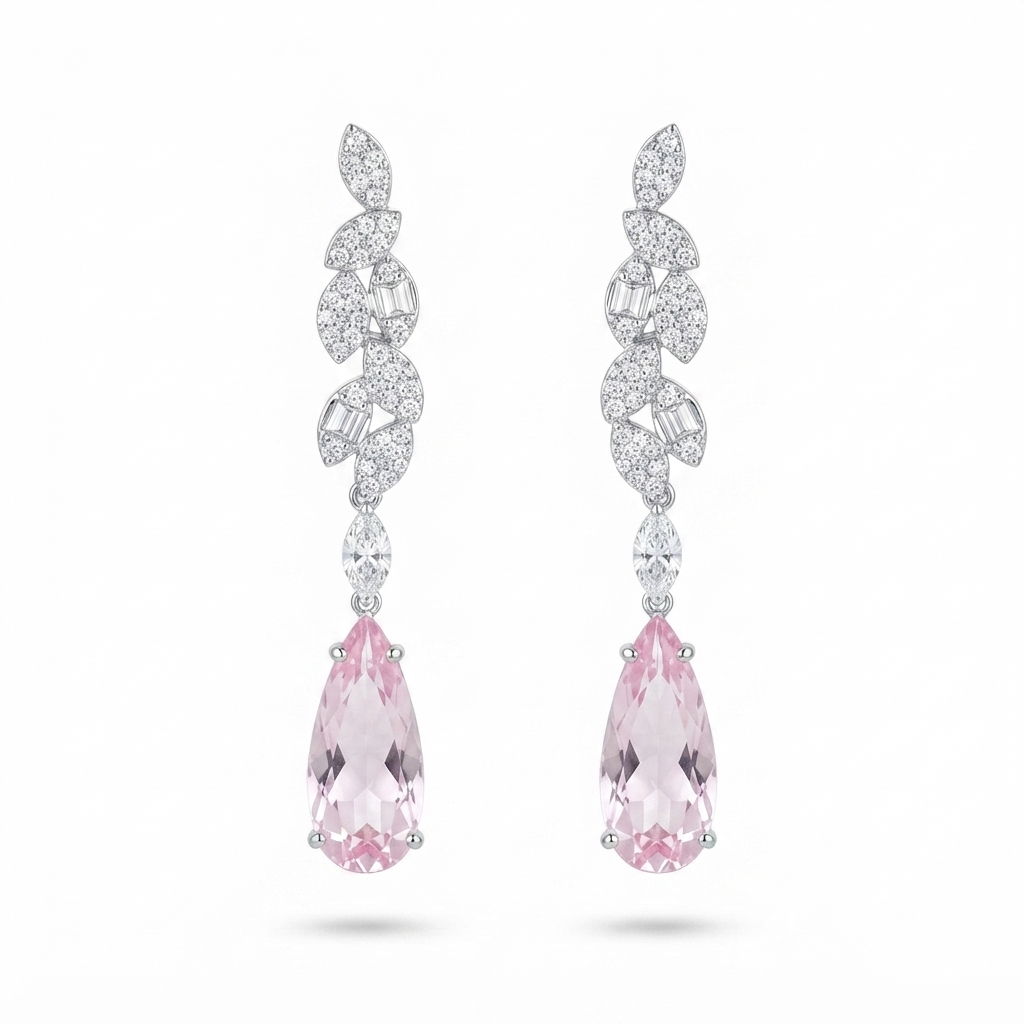 Aretes Plata 8 Hojas Gota Colgante - Pink