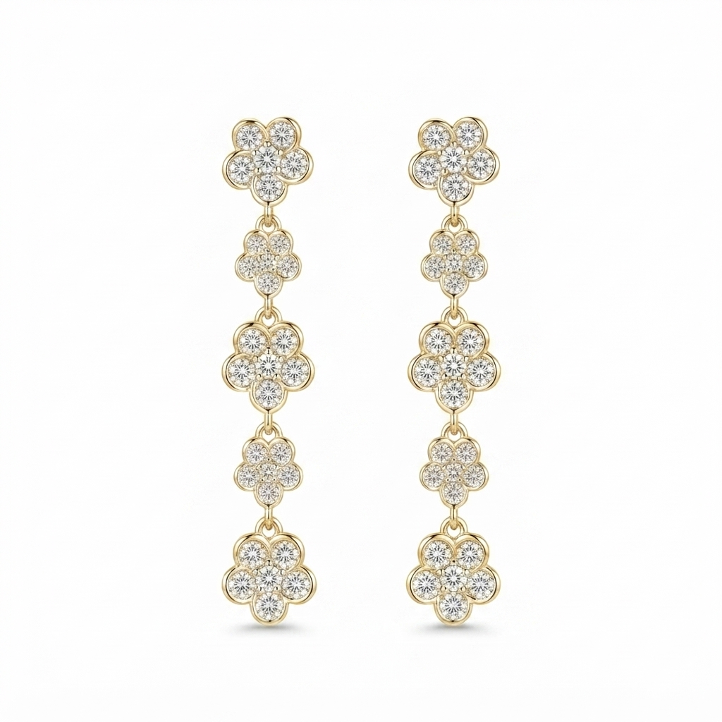 Aretes Tira 5 Flores Zirconia - Dorado