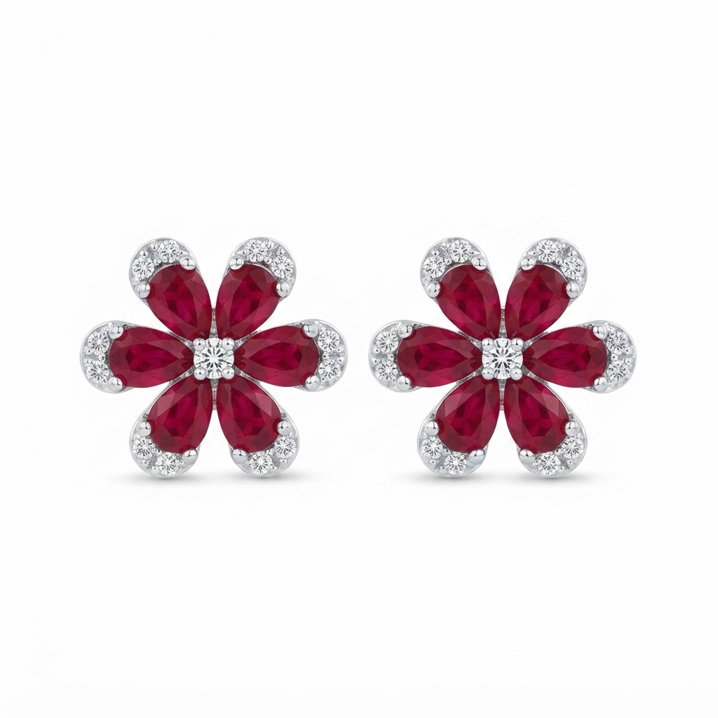 Aretes Plata Flor Rubí de 6 Pétalos