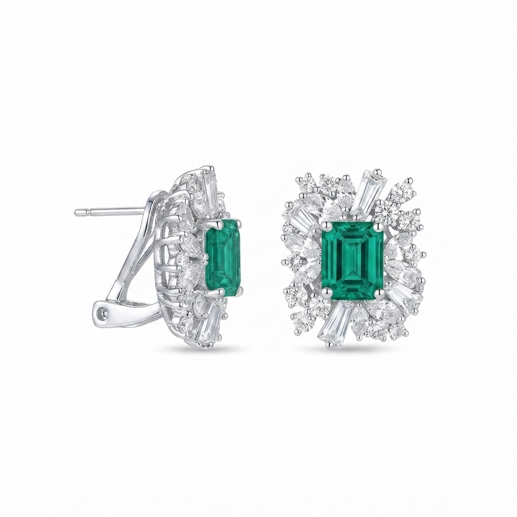 Aretes Plata Rectángulo Varios Baguettes y Zirconias - Esmeralda