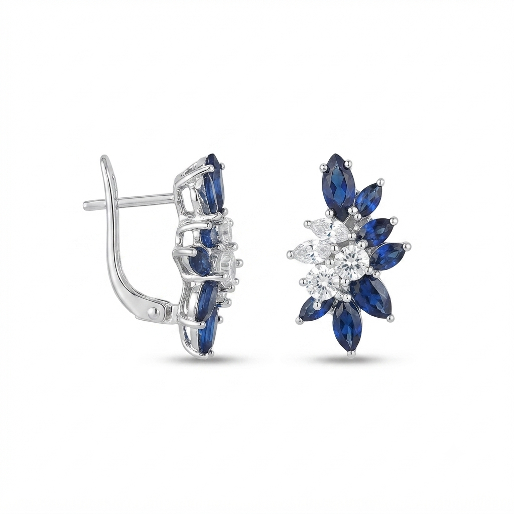 Aretes Plata Media Flor Pétalos Picos - Zafiro