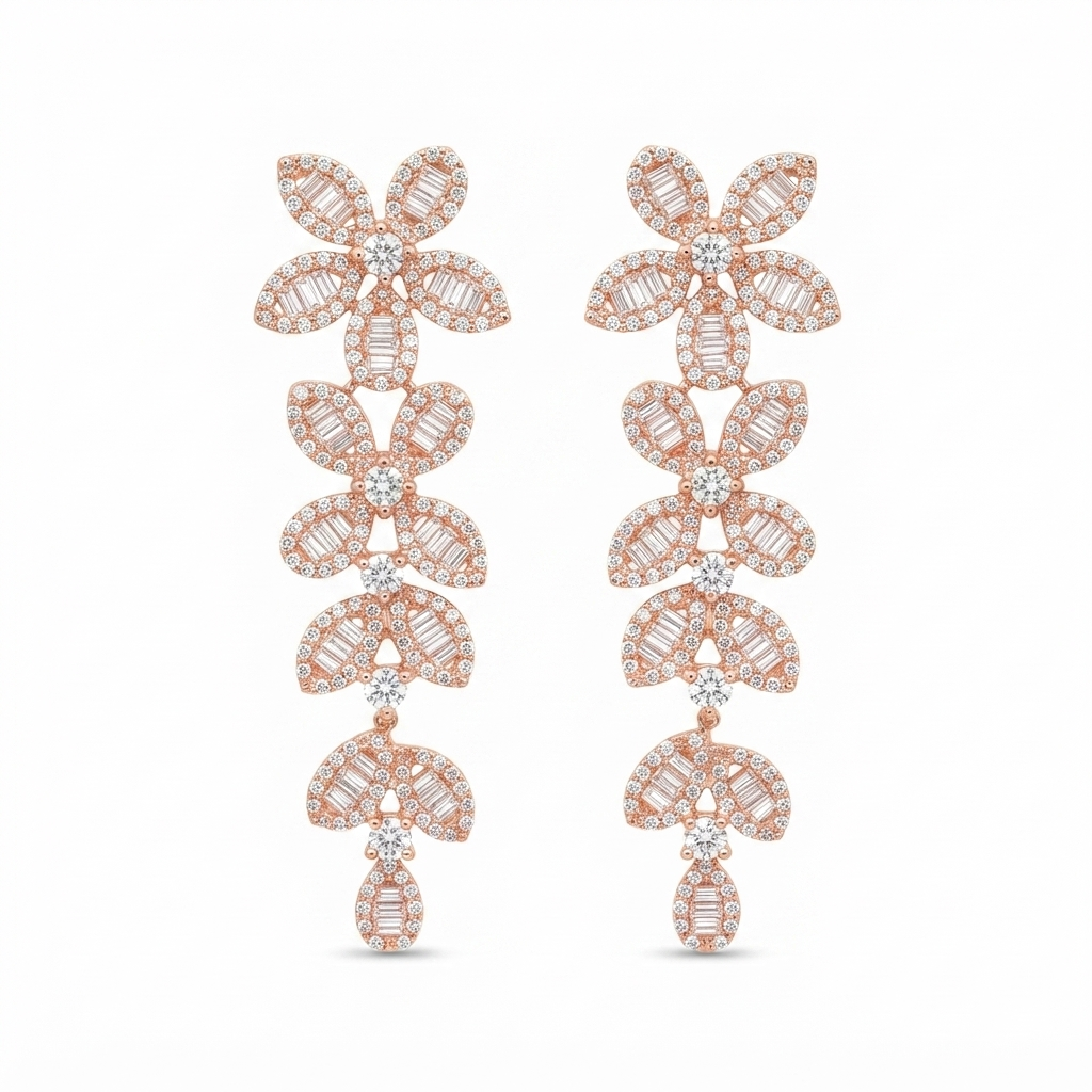 Aretes Rose Gold Largos Flores Hojas Baguettes