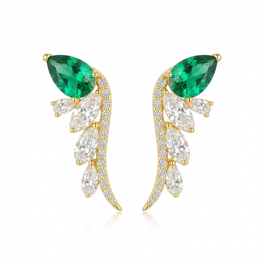Aretes Ala Zirconias Gota - Dorado / Esmeralda