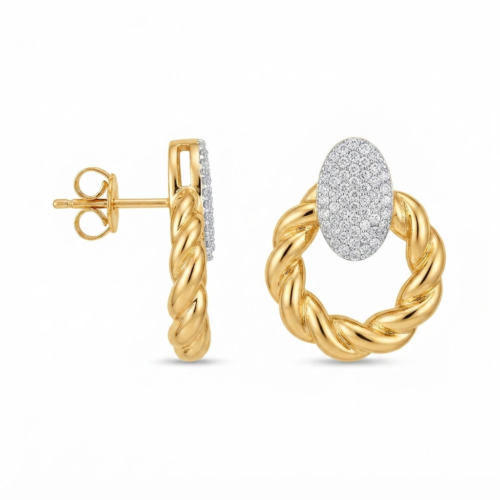 Aretes Dorado Aro Trenzado Óvalo Zirconias