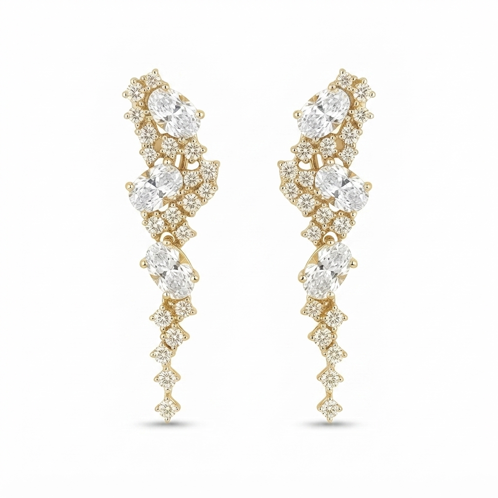 Aretes Cascada Punta 3 Óvalos Zirconia - Dorado