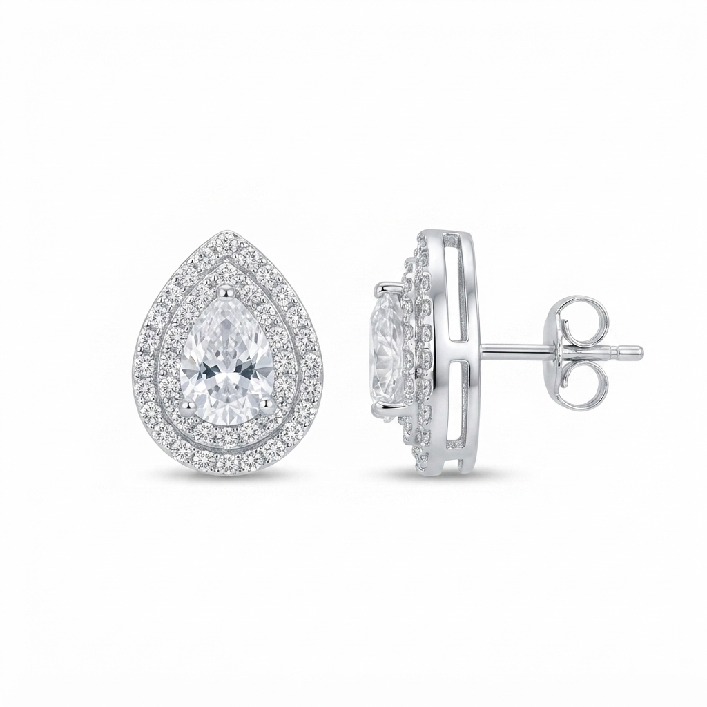 Aretes Gota Zirconia Doble Lineal - Plata
