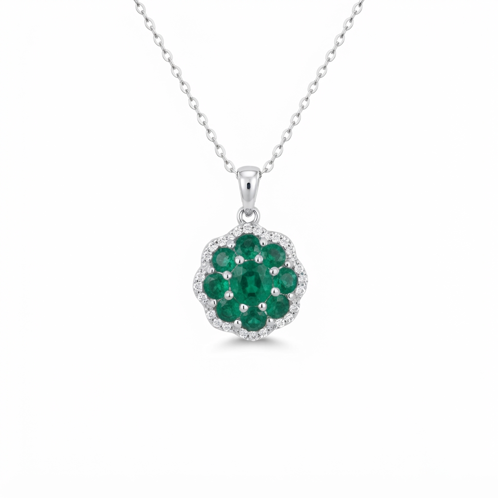 Juego Flor Redondo - Plata / Esmeralda