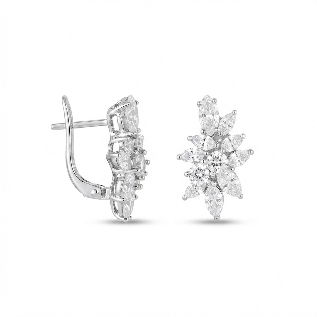 Aretes Plata Media Flor Pétalos Picos - Zirconia
