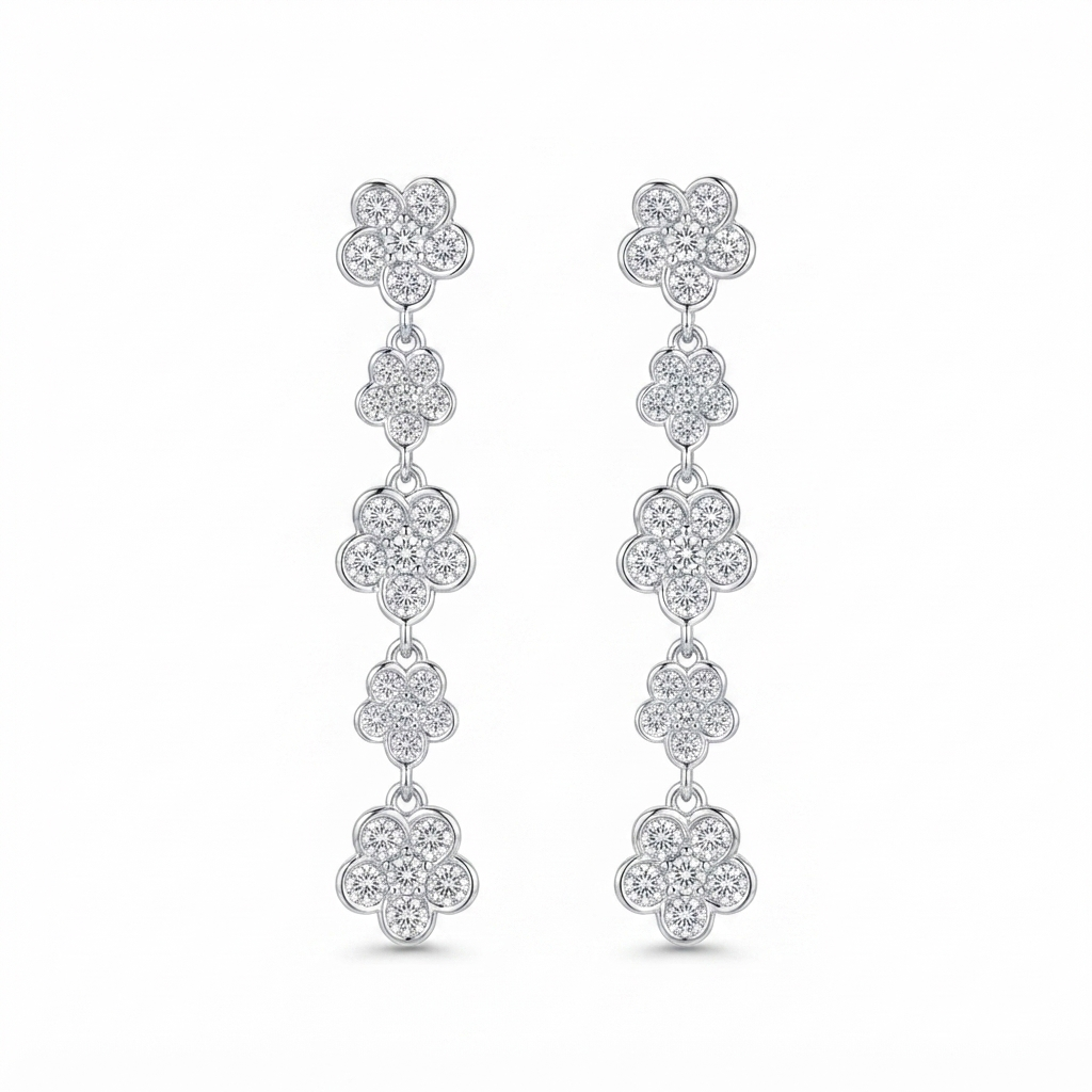 Aretes Tira 5 Flores Zirconia - Plata