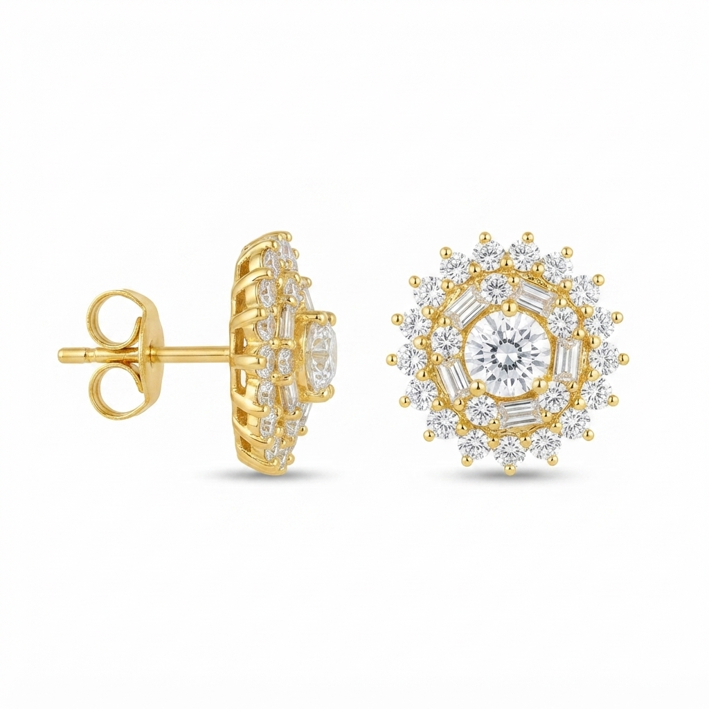 Aretes Sol Picos Zirconias Baguettes - Dorado