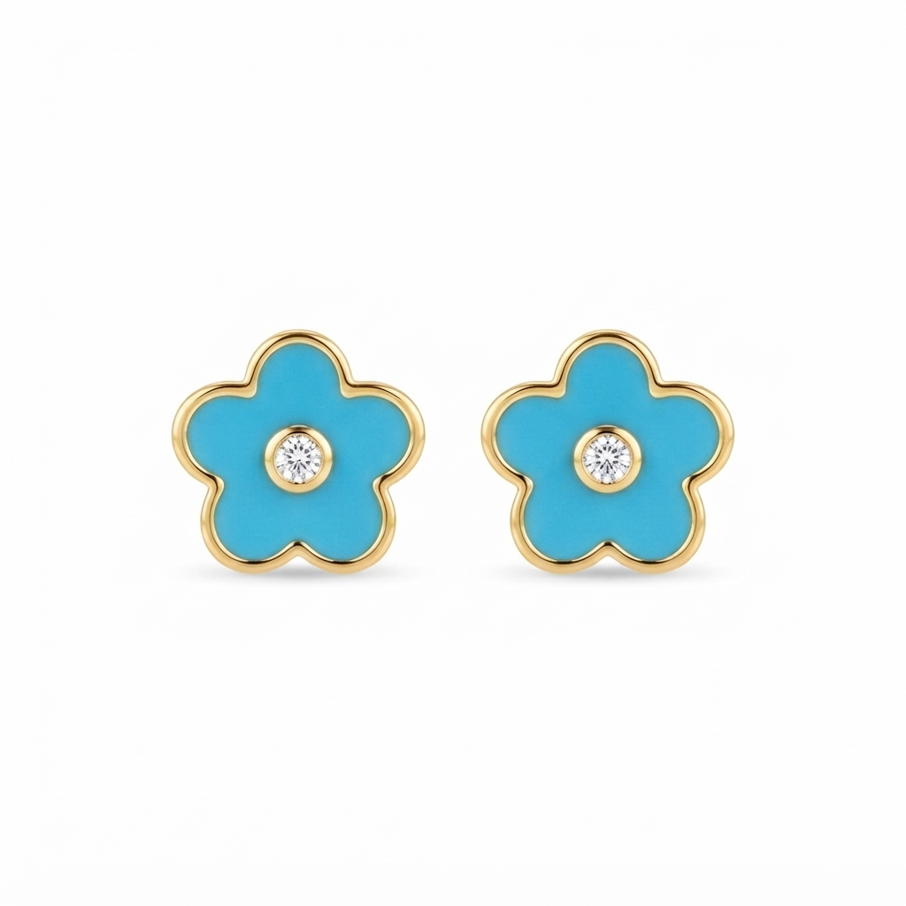 Aretes Dorado Flor - Turquesa