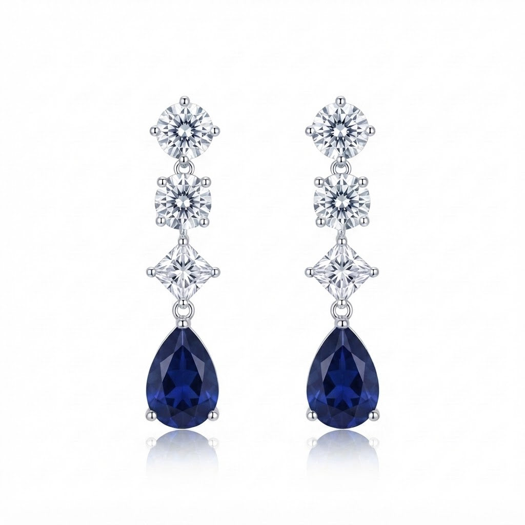 Aretes Plata Tira 3 Figuras Gota Colgante - Zafiro