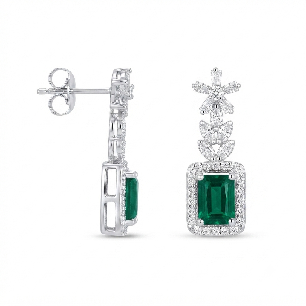 Aretes Plata Flor Baguette Rectángulo Colgante - Rubí