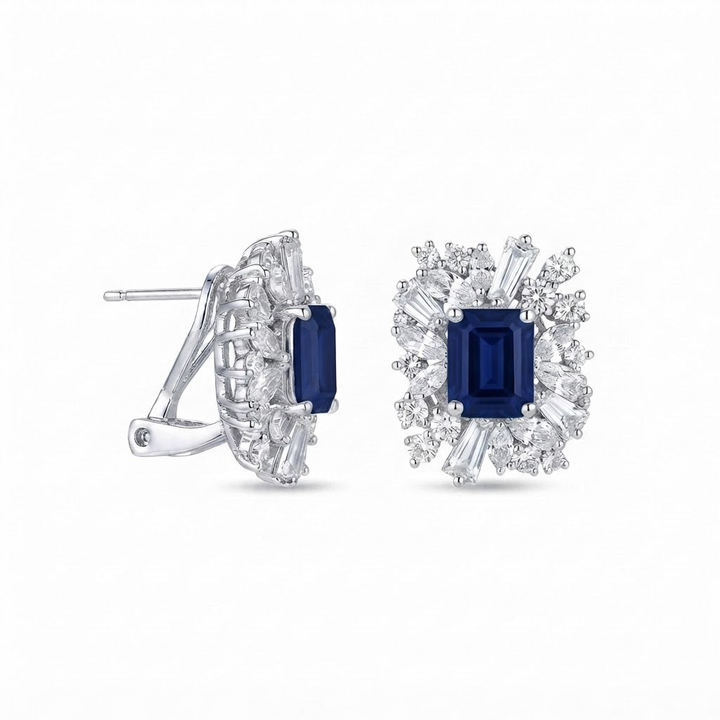 Aretes Plata Rectángulo Varios Baguettes y Zirconias - Zafiro