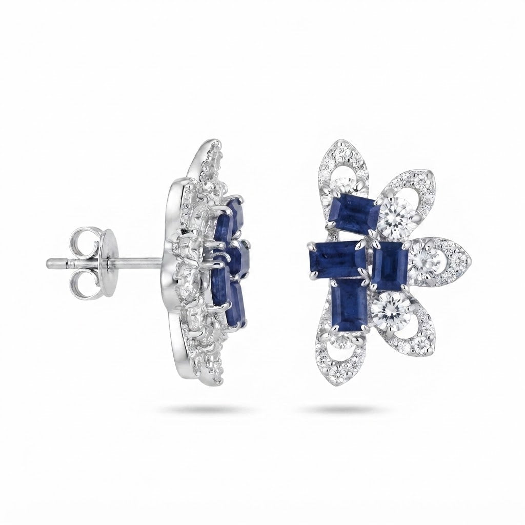 Aretes Plata Media Flor 4 Baguettes - Zafiro