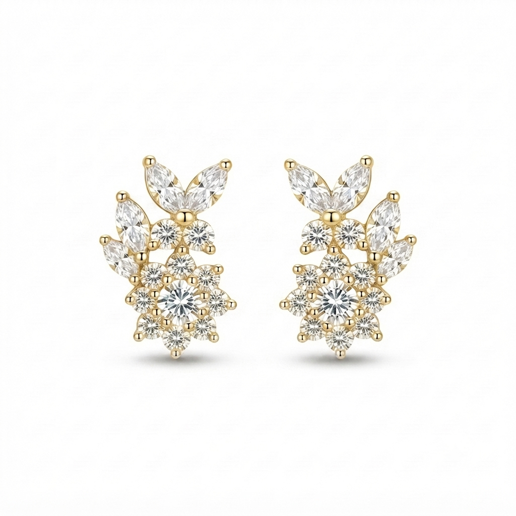 Aretes Flor Zirconias Hojas Encima - Dorado