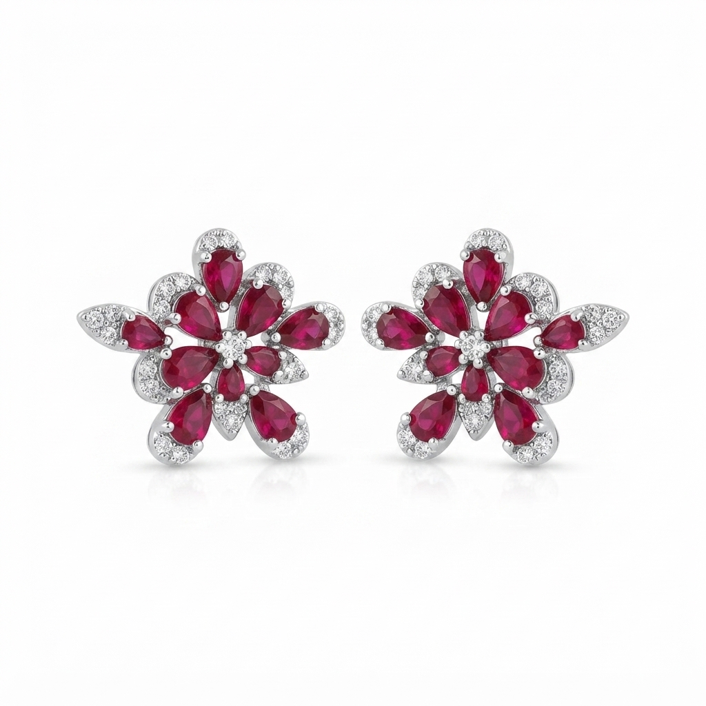 Aretes Plata Tipo Flor Gotitas Rubís