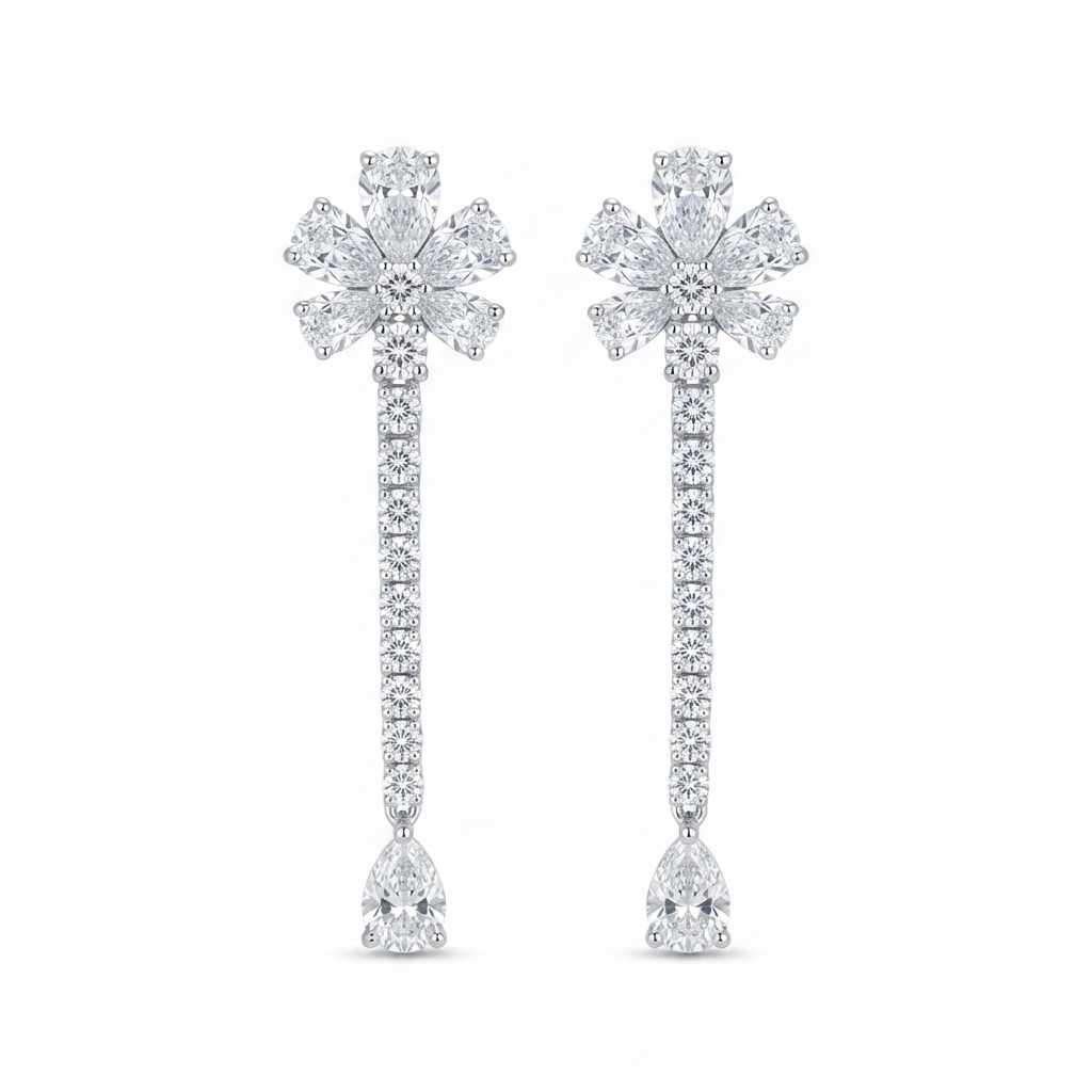 Aretes Plata Flor Tennis Gota Colgante Zirconia