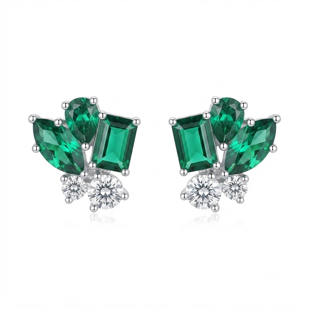 Aretes Plata Penacho 3 Figuras - Esmeralda