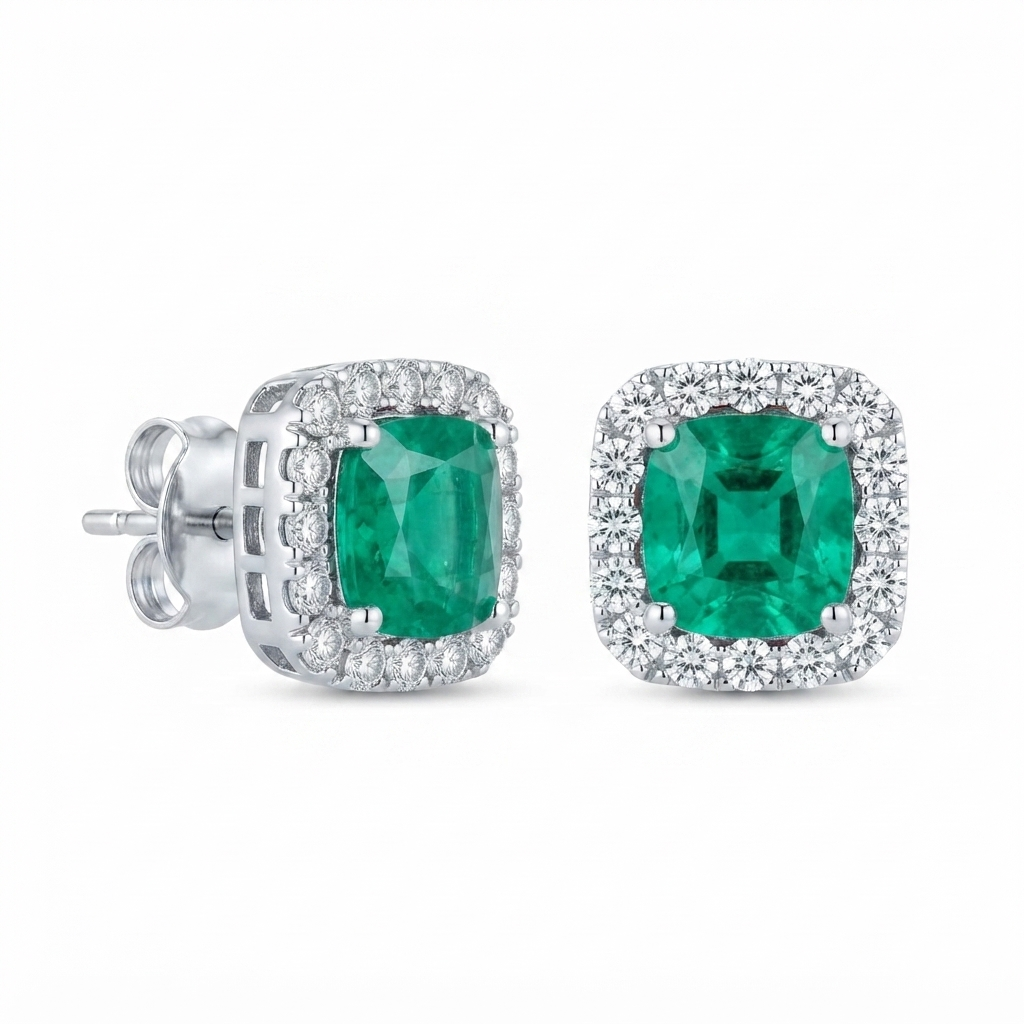 Aretes Plata Cuadro Floreado Zirconia - Esmeralda