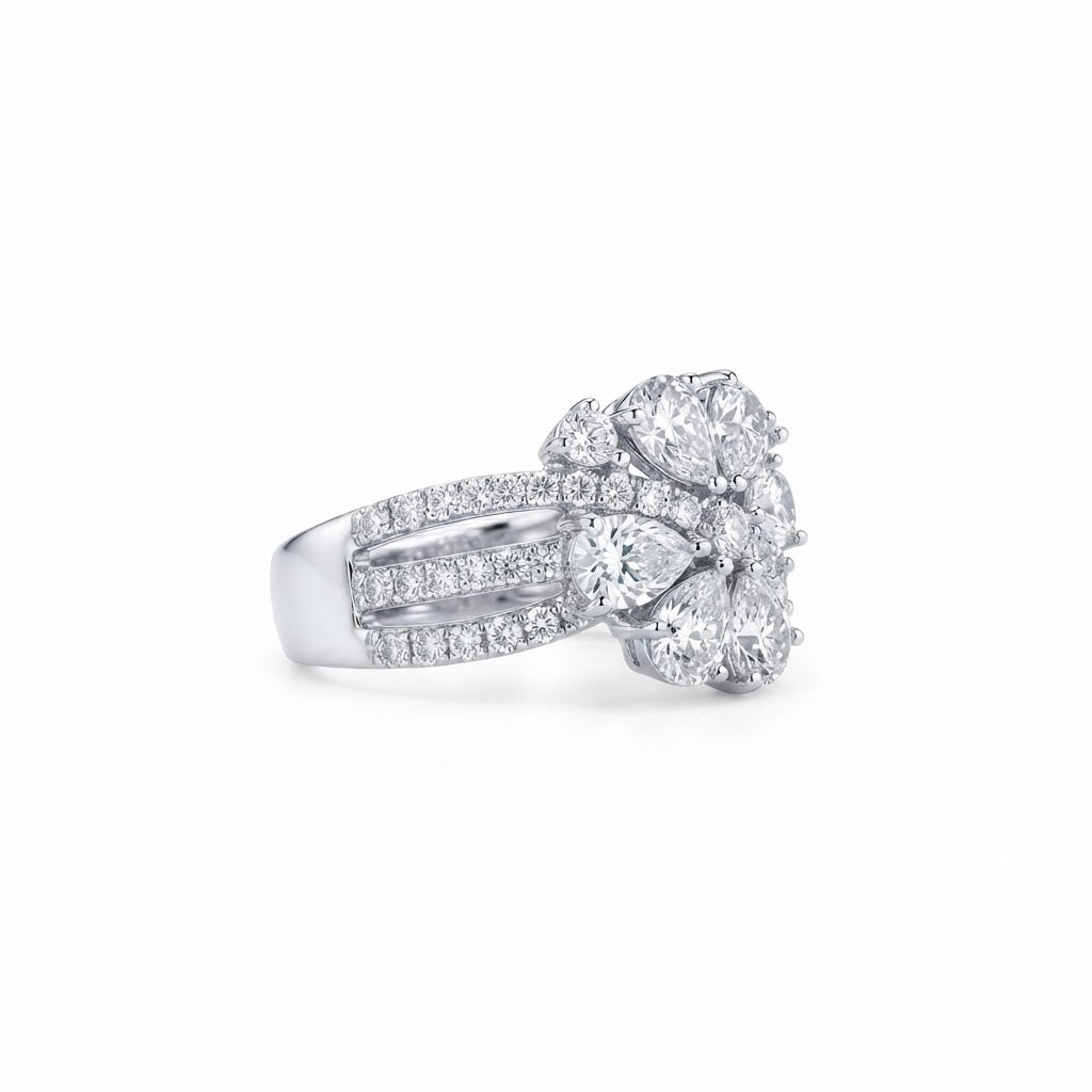 Anillo Plata Línea Cruzada Hojas Gotas Zirconia