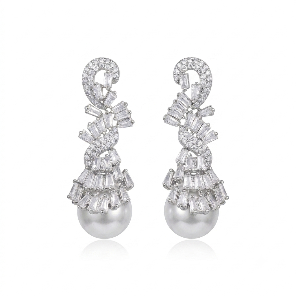 Aretes Baguettes Perla Colgante - Plata