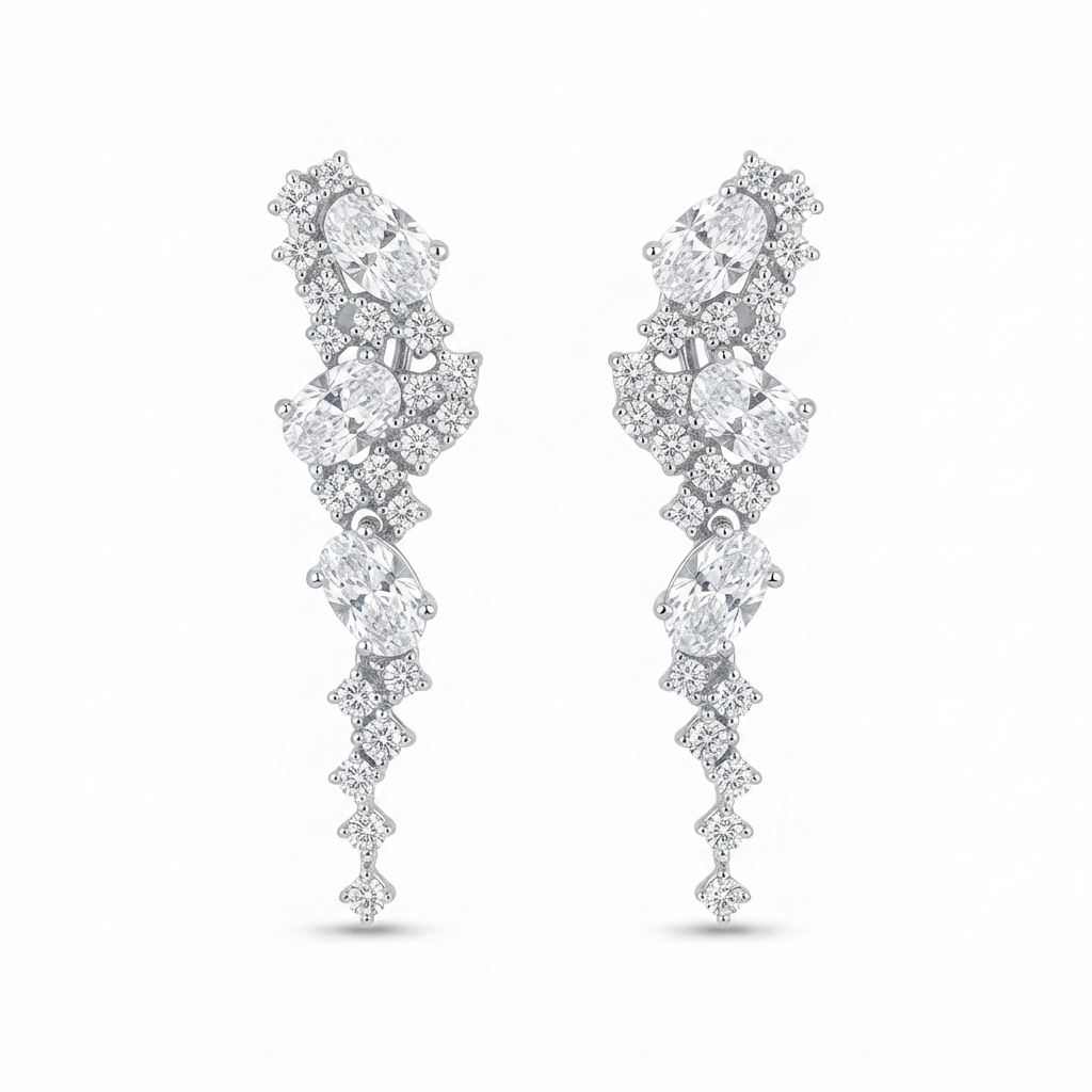 Aretes Cascada Punta 3 Óvalos Zirconia - Plata