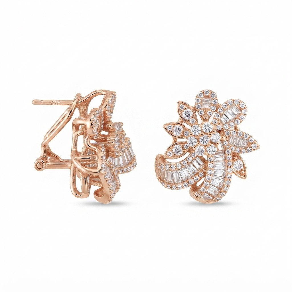Aretes Tipo Flor Tiras Baguettes - Rose Gold