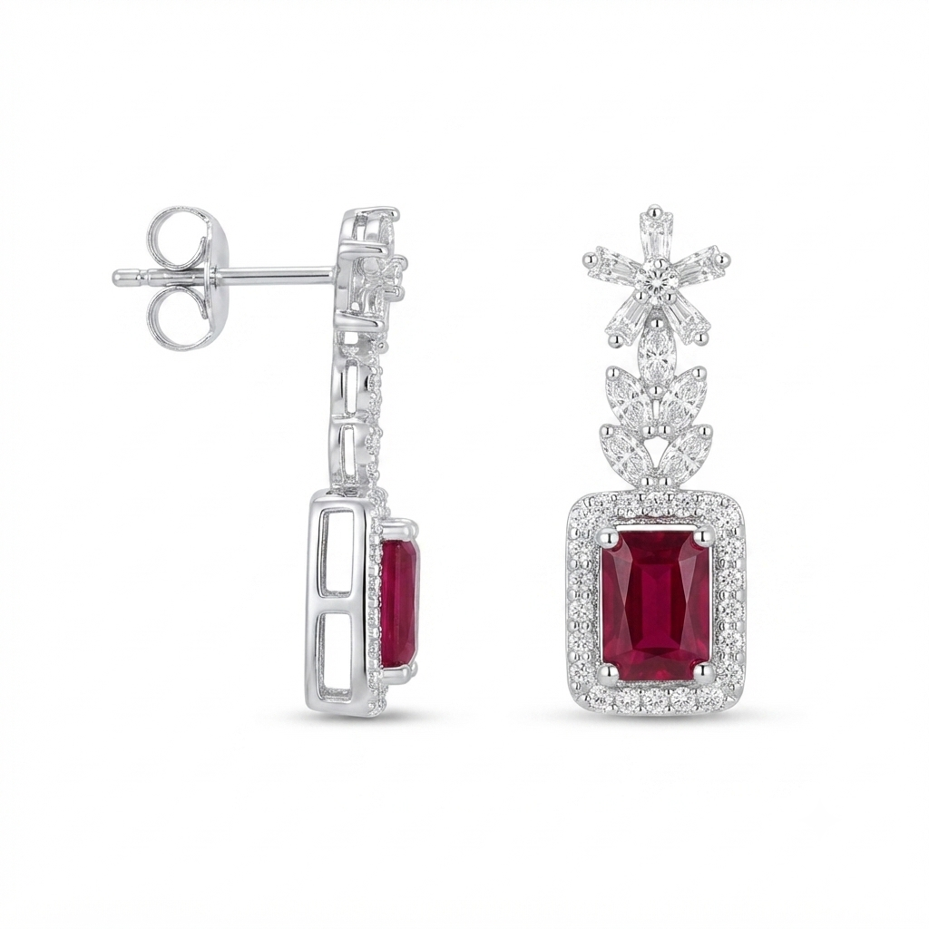 Aretes Plata Flor Baguette Rectángulo Colgante - Zafiro