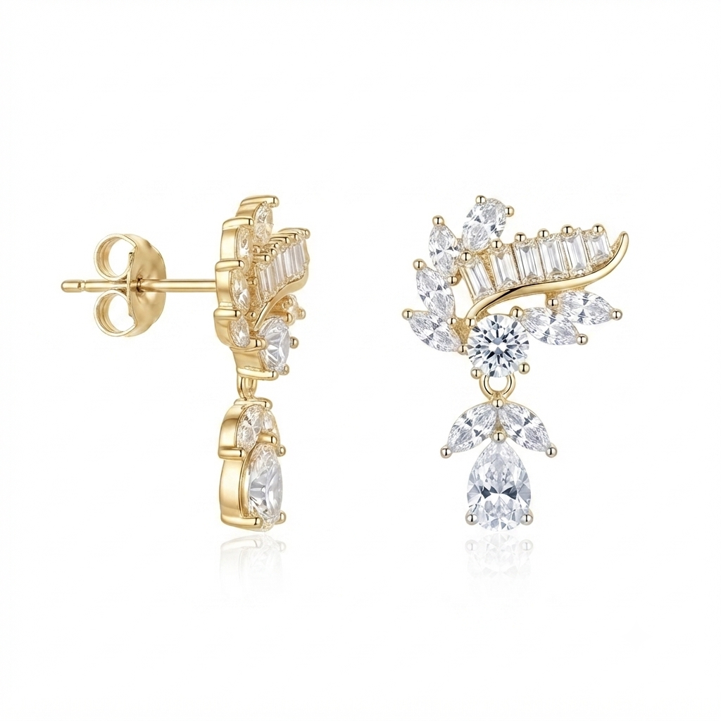Aretes Tipo Ala Baguettes Gota Colgante - Dorado