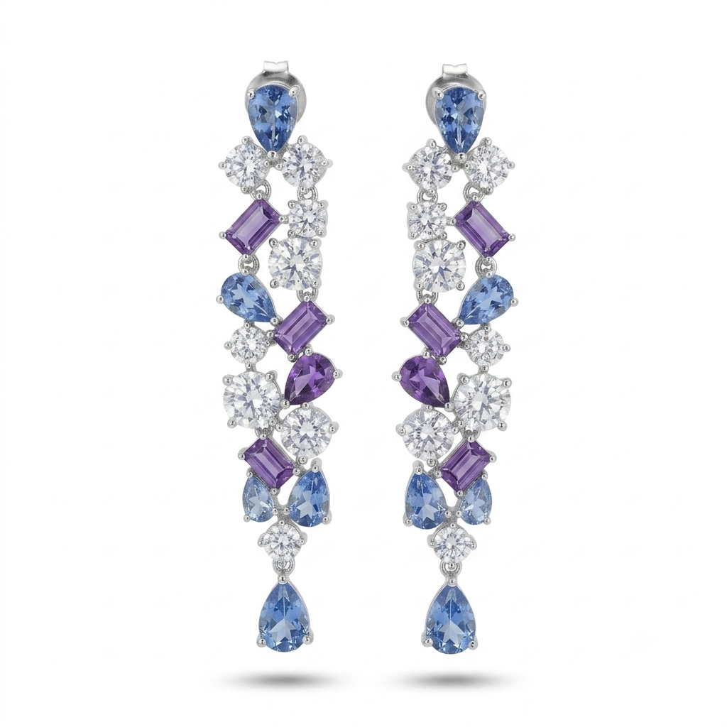 Aretes Plata Tira Gruesa Figuras Baguettes Gota Colgante Aqua