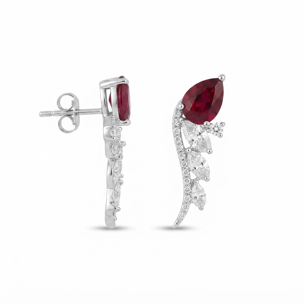 Aretes Ala Zirconias Gota - Plata / Rubí