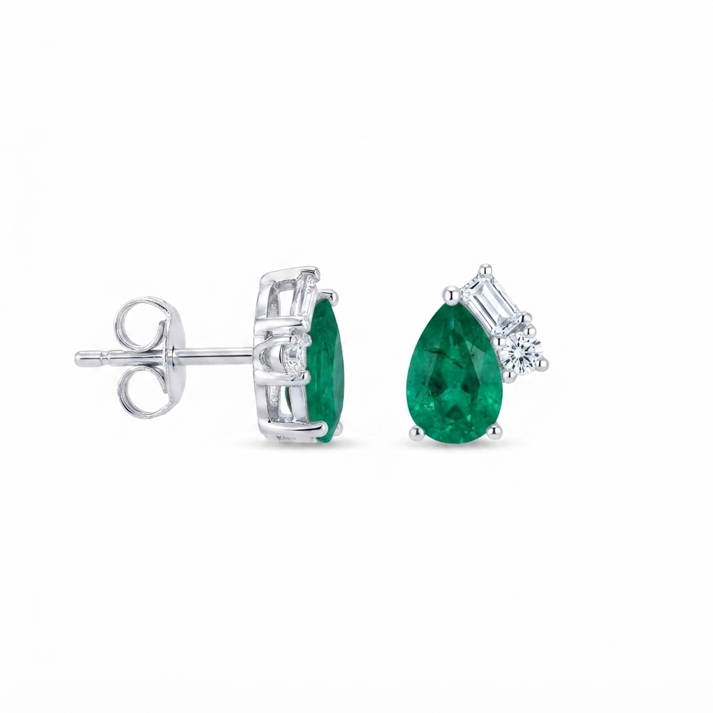 Aretes Plata Triple Baguette Zirconia y Gota - Esmeralda